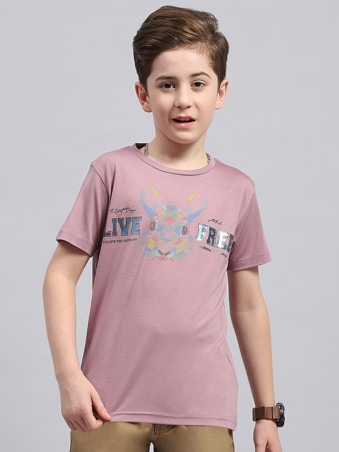 Monte Carlo Boys Typography Printed Round Neck Cotton T-shirt, Pink