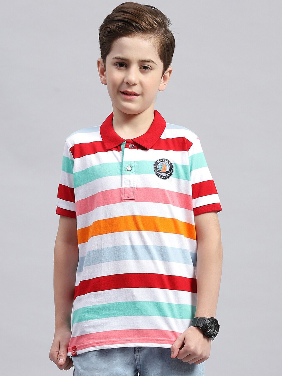 

Monte Carlo Boys Striped Polo Collar Cotton T-shirt, Red