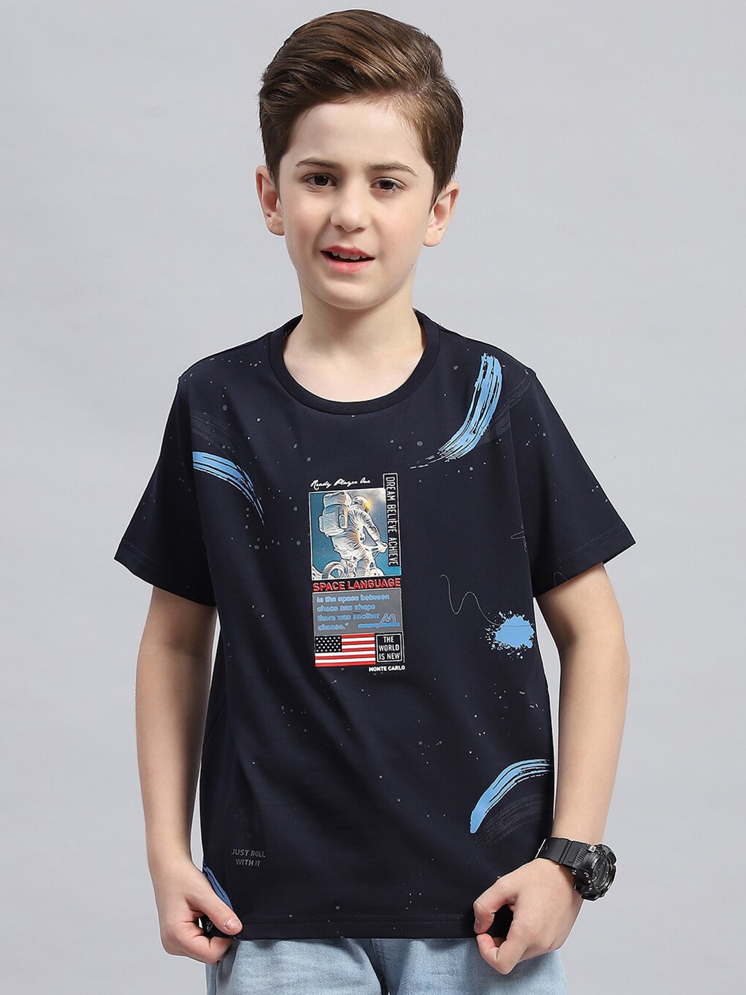 

Monte Carlo Boys Graphic Printed Round Neck Cotton T-shirt, Navy blue