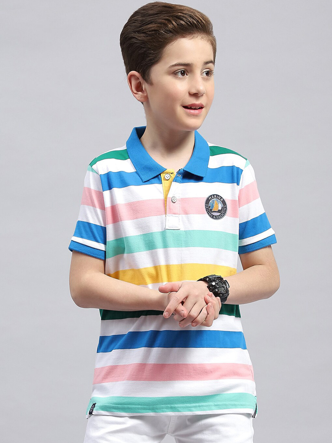 

Monte Carlo Boys Striped Printed Polo Collar Cotton T-shirt, White
