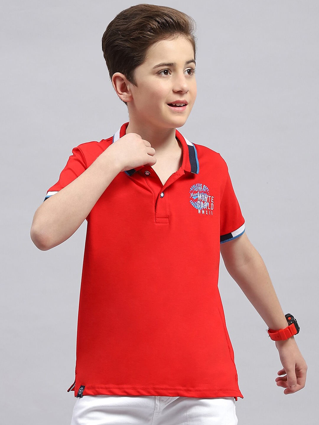 

Monte Carlo Boys Typography Printed Polo Collar Cotton T-shirt, Red