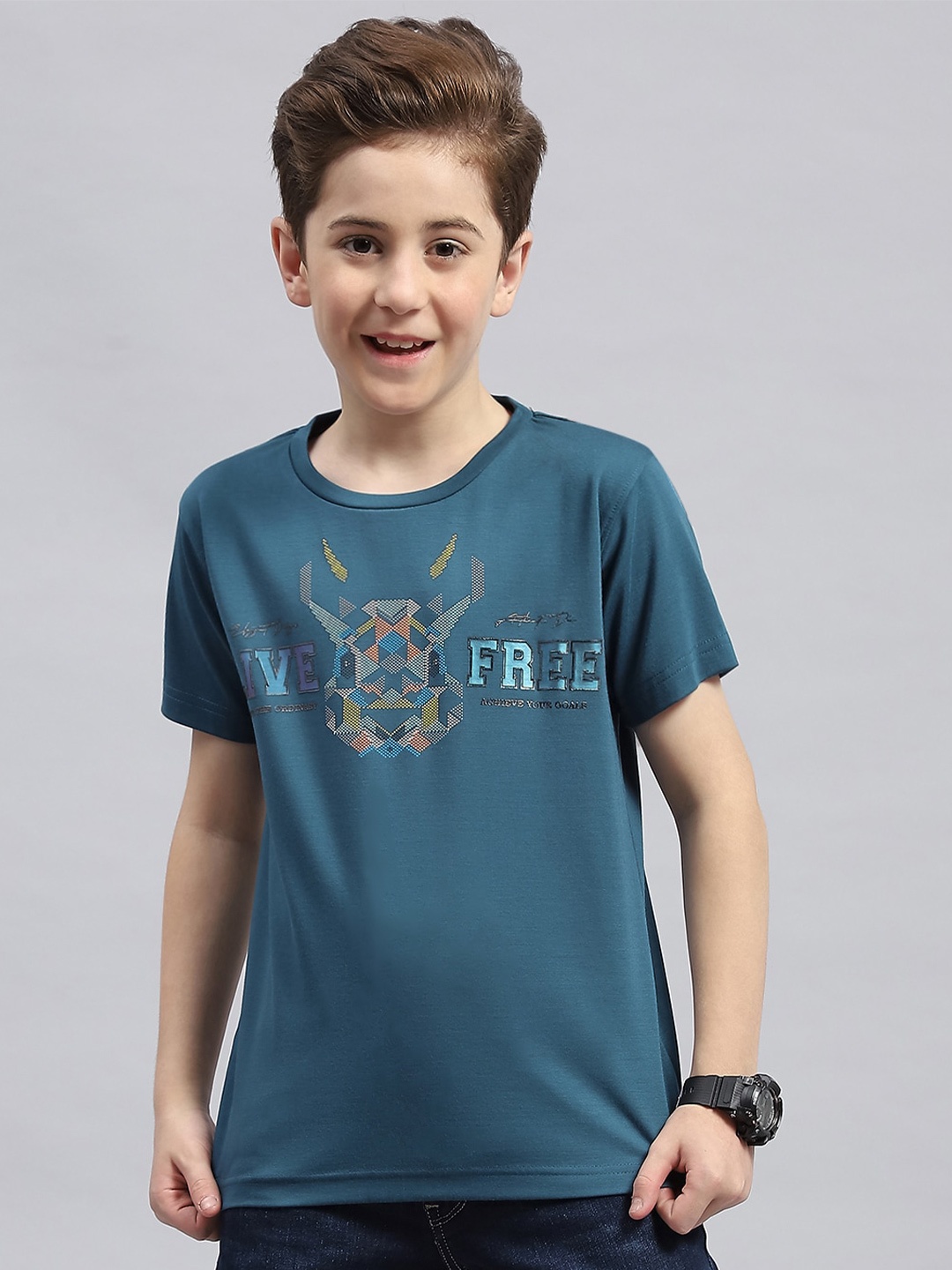 Monte Carlo Boys Typography Printed Round Neck Cotton T-shirt, Teal