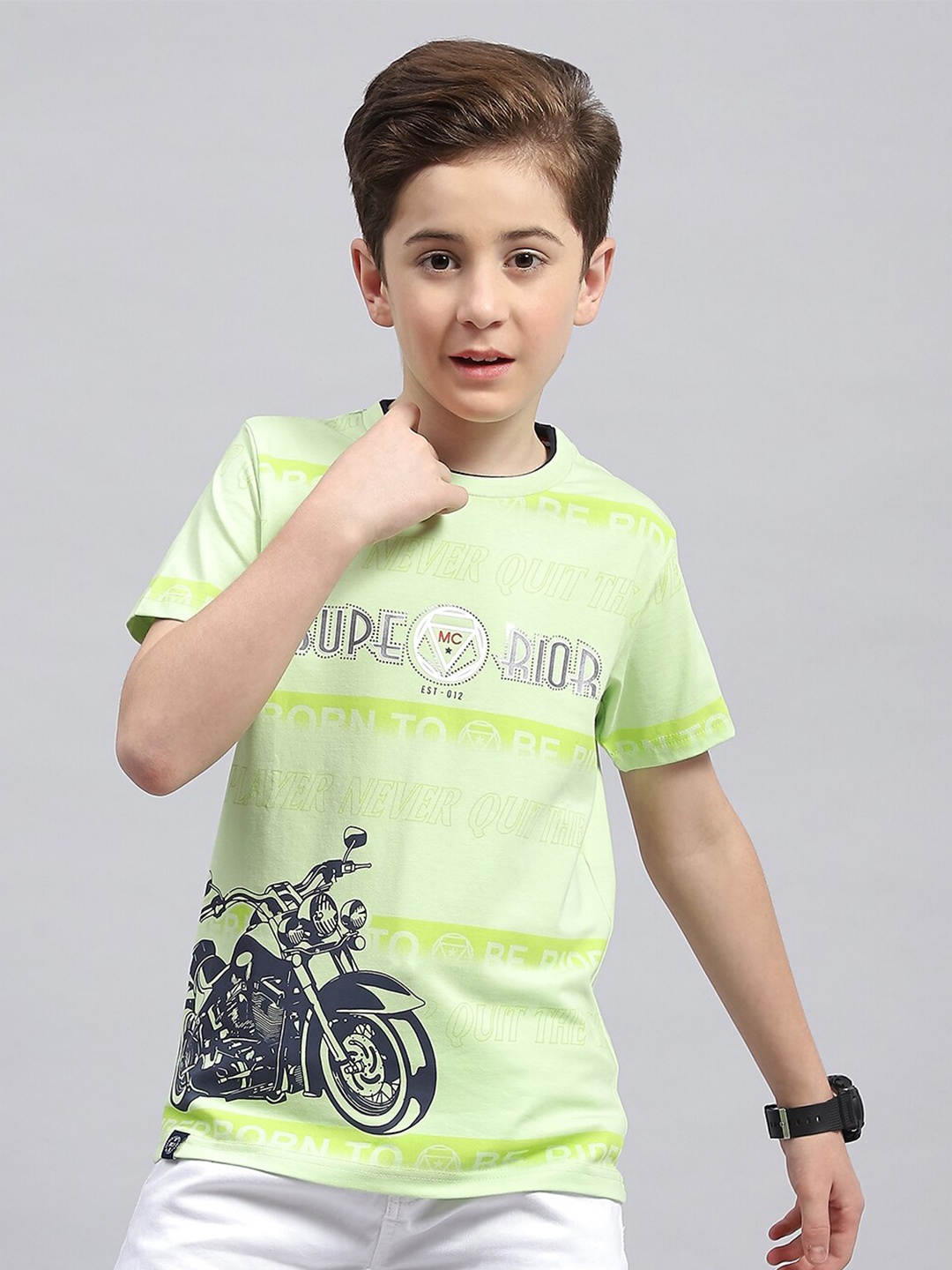 

Monte Carlo Boys Typography Printed Round Neck Cotton T-shirt, Green