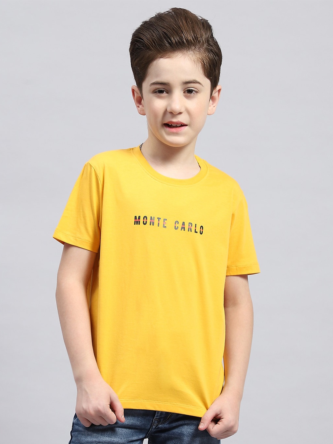 Monte Carlo Boys Typography Printed Round Neck Short Sleeves Cotton T-shirt, Yellow