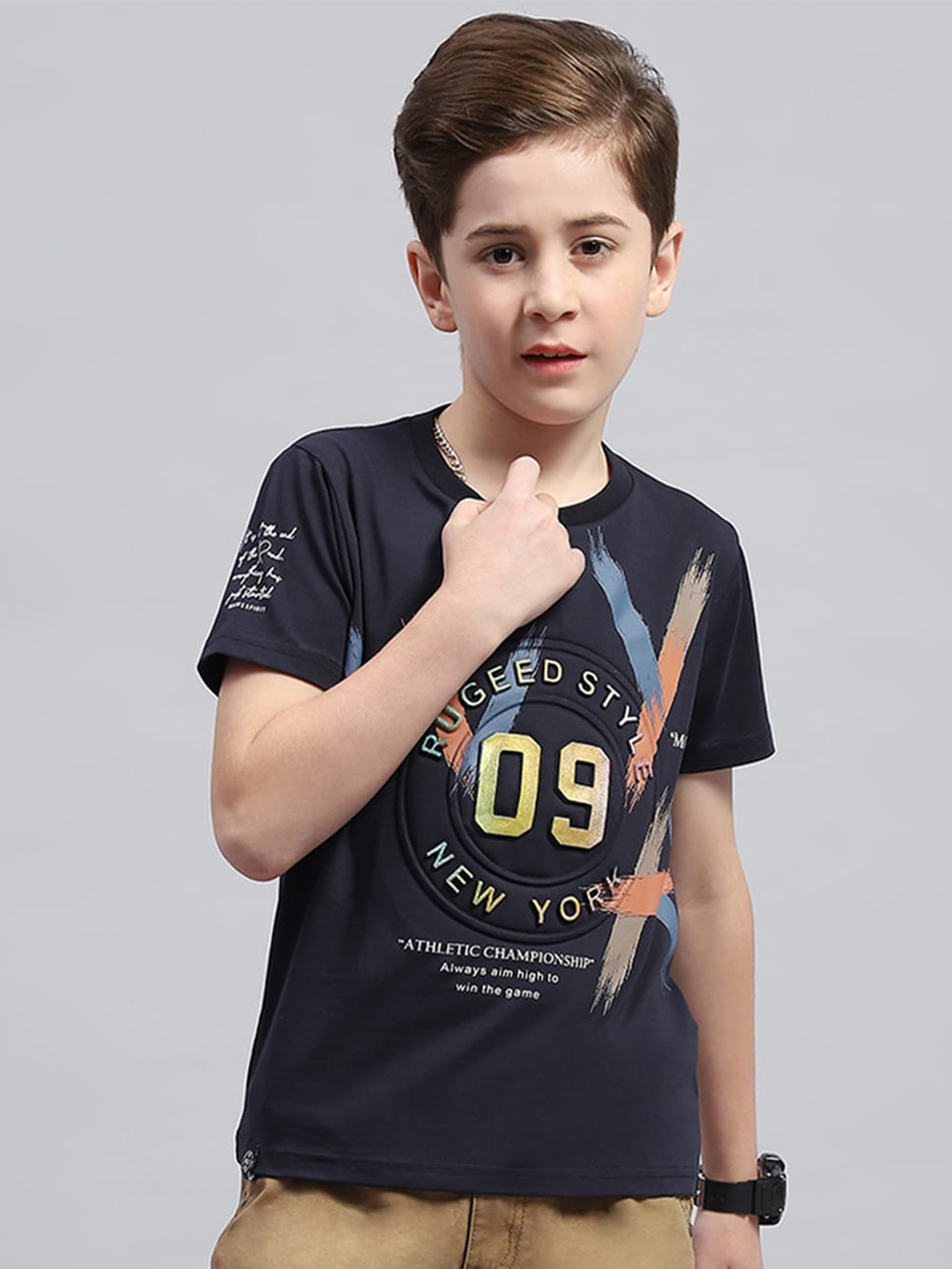 

Monte Carlo Boys Typography Printed Round Neck Cotton T-shirt, Navy blue