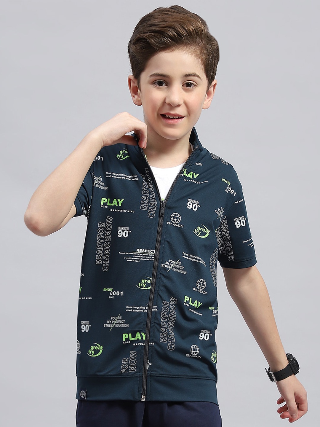 

Monte Carlo Boys Printed Round Neck Cotton T shirt With Jacket, Teal