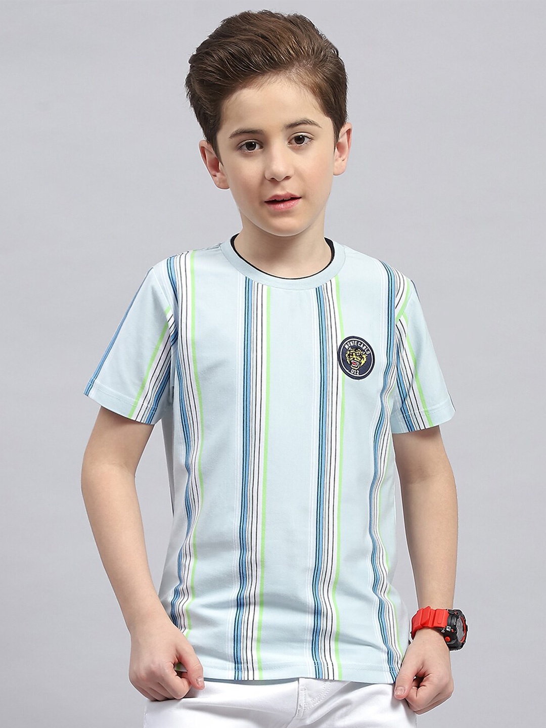 

Monte Carlo Boys Striped Round Neck Cotton T-shirt, Turquoise blue