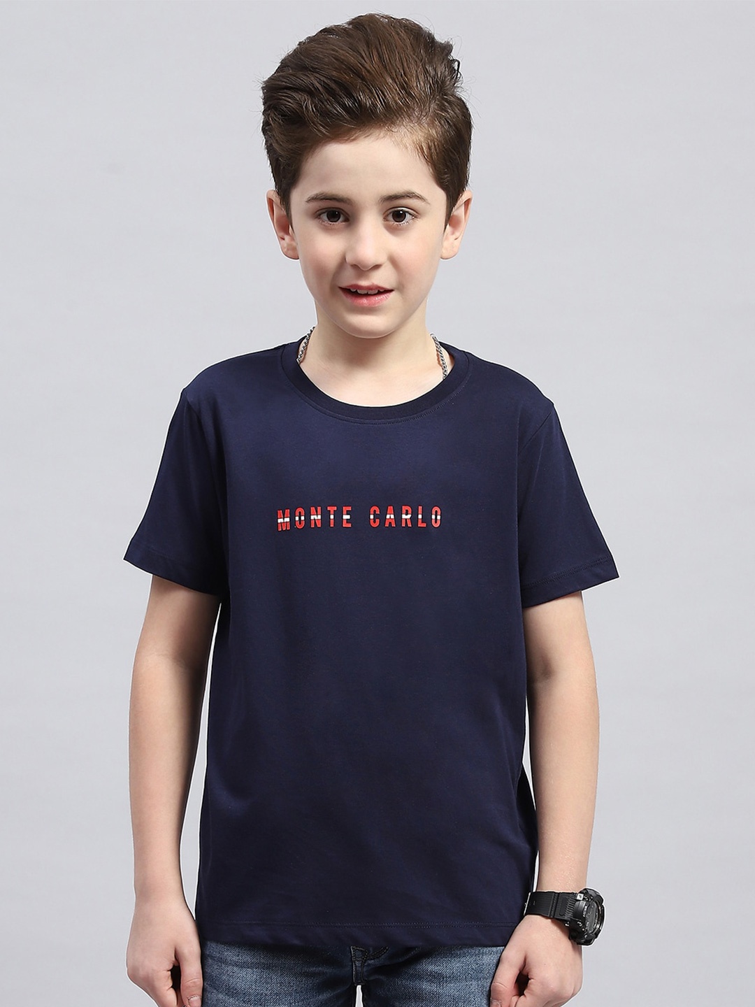 Monte Carlo Boys Typography Printed Round Neck Cotton T-shirt, Navy blue