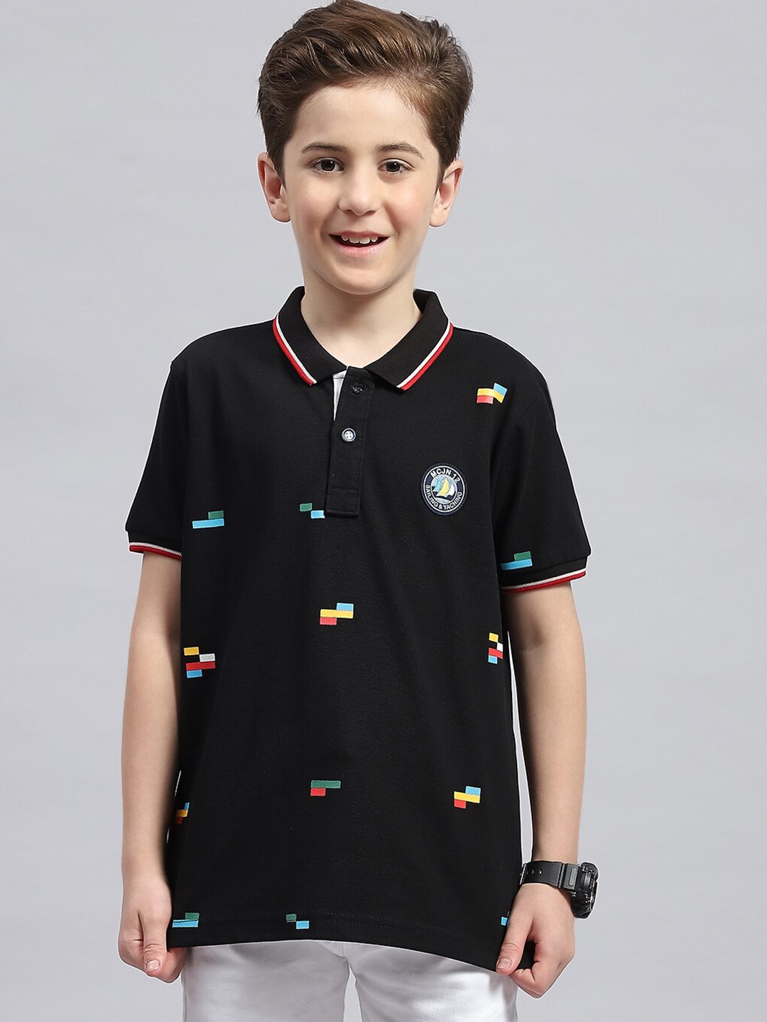 

Monte Carlo Boys Geometric Printed Polo Collar Cotton T-shirt, Black