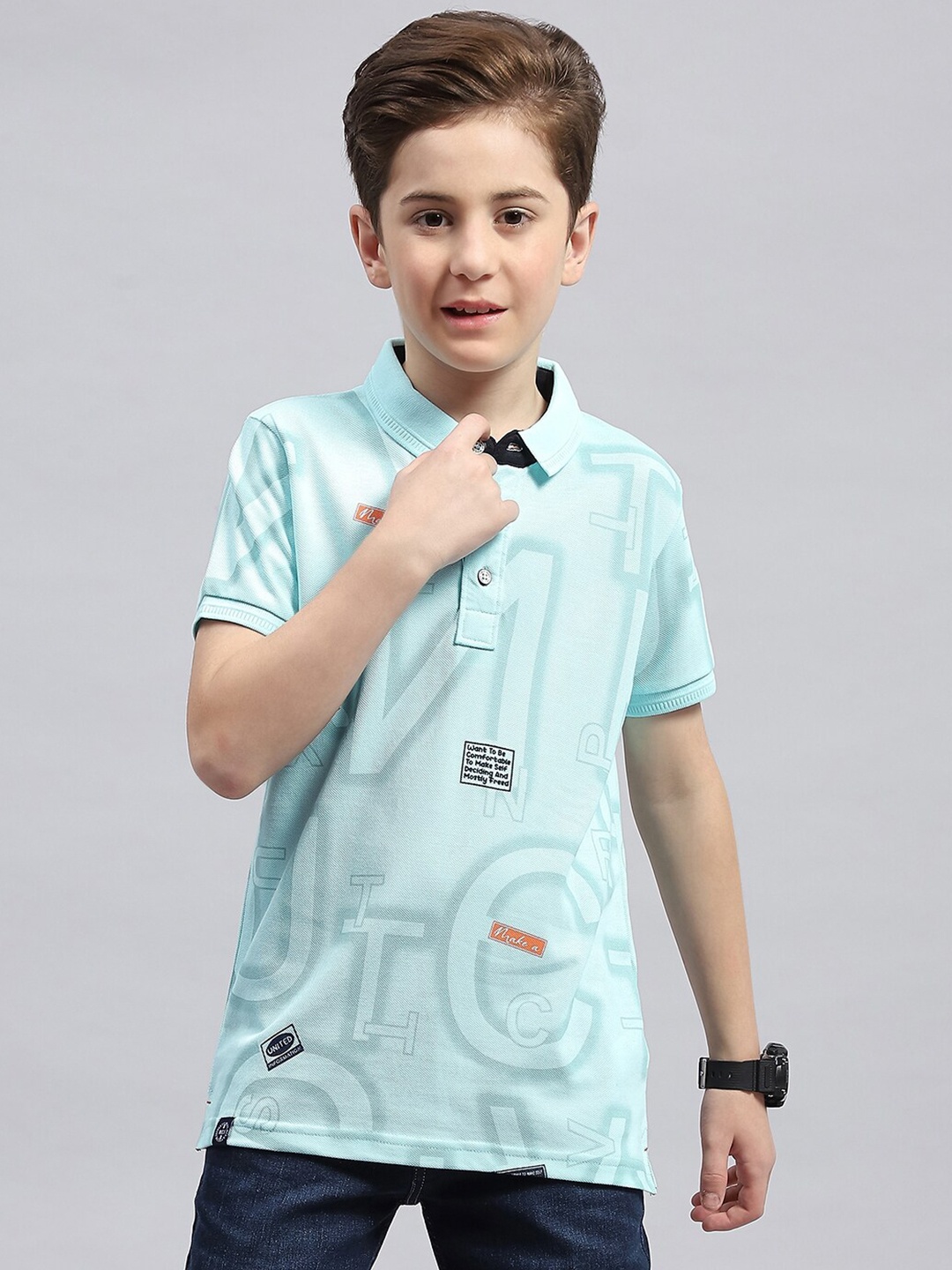 

Monte Carlo Boys Typography Printed Polo Collar Cotton T-shirt, Green