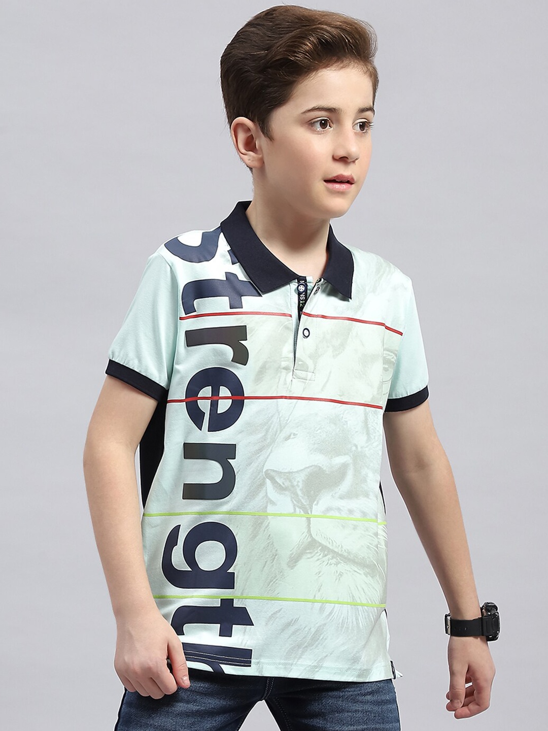 

Monte Carlo Boys Typography Printed Polo Collar Cotton T-shirt, Green