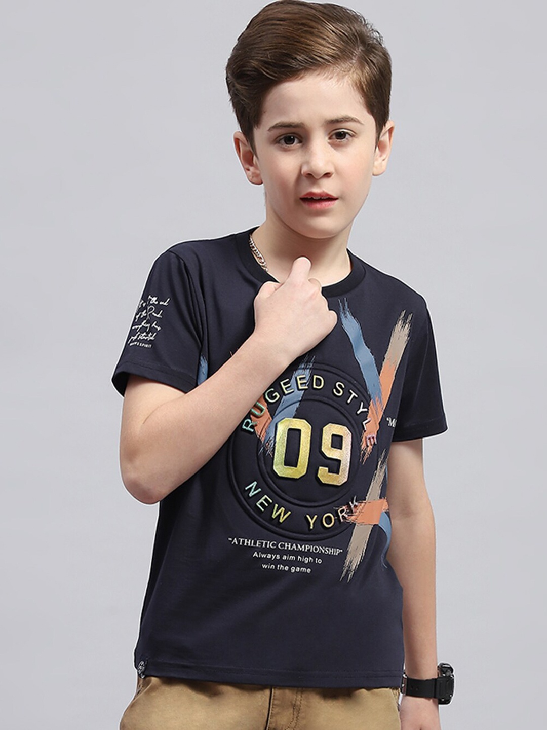 

Monte Carlo Boys Typography Printed Round Neck Cotton T-shirt, Navy blue