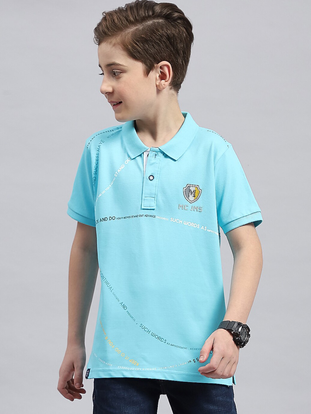 

Monte Carlo Boys Typography Printed Polo Collar Cotton T-shirt, Blue