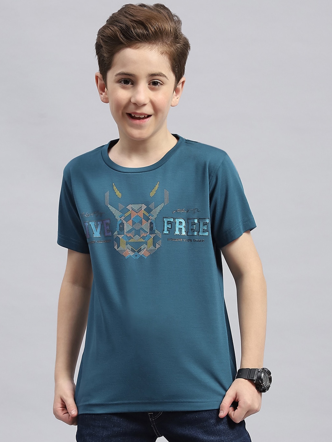 

Monte Carlo Boys Typography Printed Round Neck Cotton T-shirt, Turquoise blue