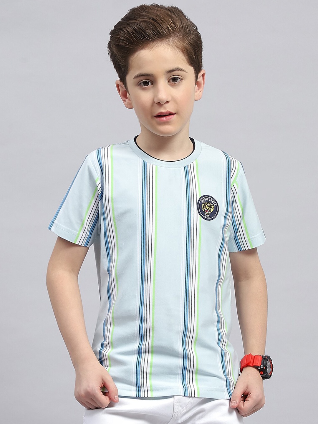 

Monte Carlo Boys Striped Round Neck Cotton T-shirt, Turquoise blue