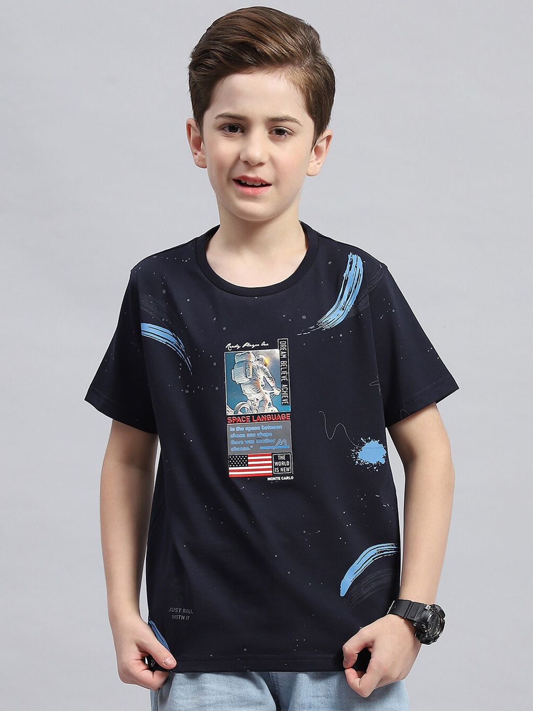 

Monte Carlo Boys Graphic Printed Round Neck Cotton T-shirt, Navy blue