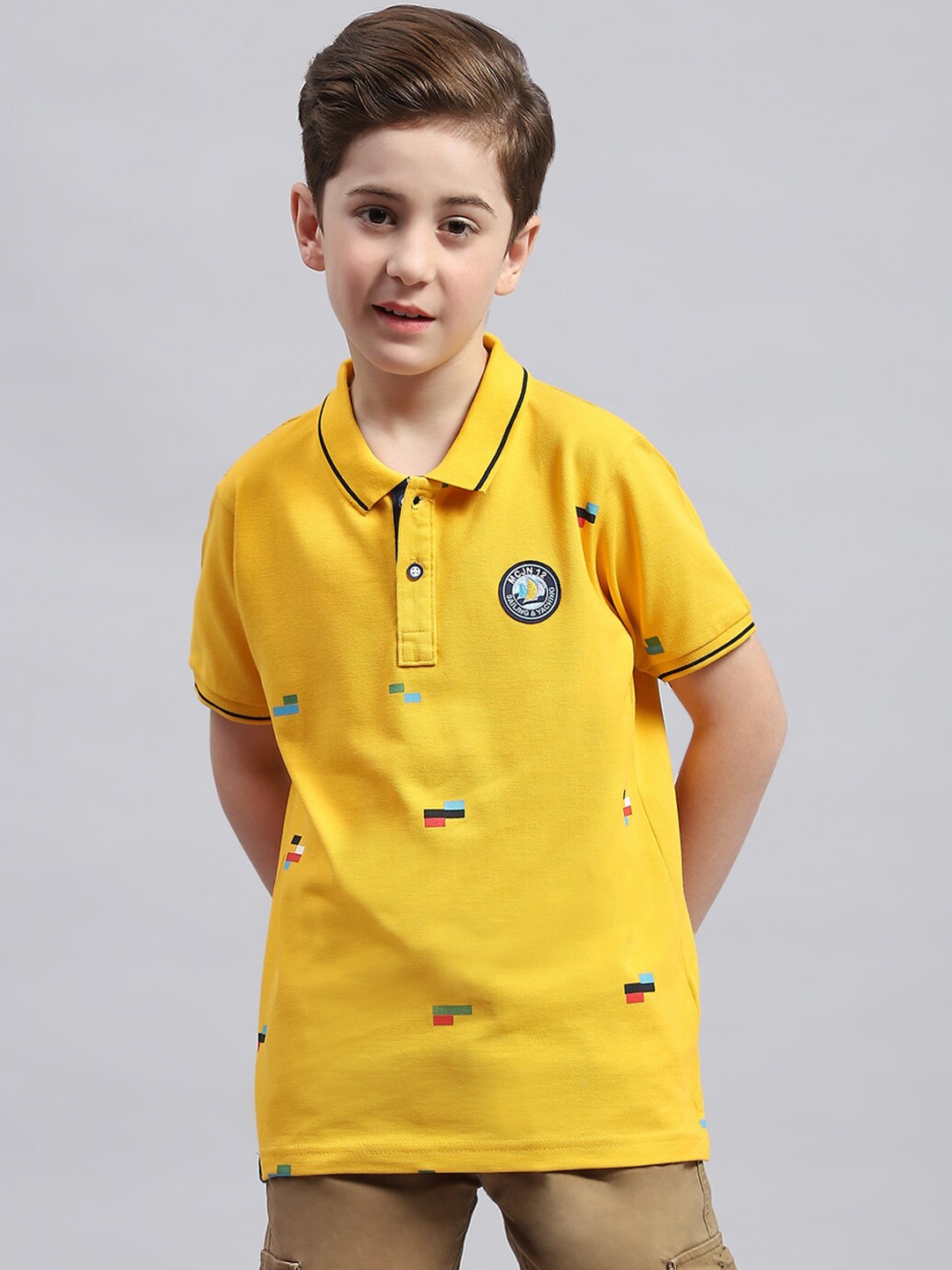 

Monte Carlo Boys Geometric Printed Polo Collar Cotton T-shirt, Yellow