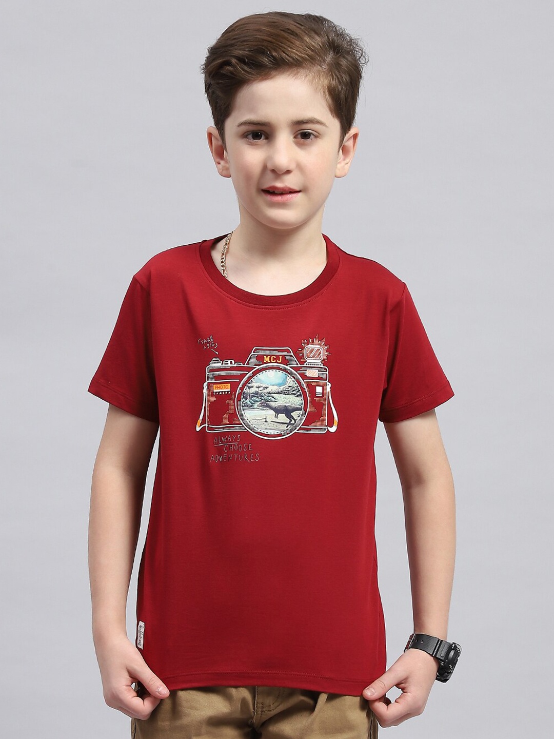 

Monte Carlo Boys Graphic Printed Round Neck Cotton T-shirt, Red