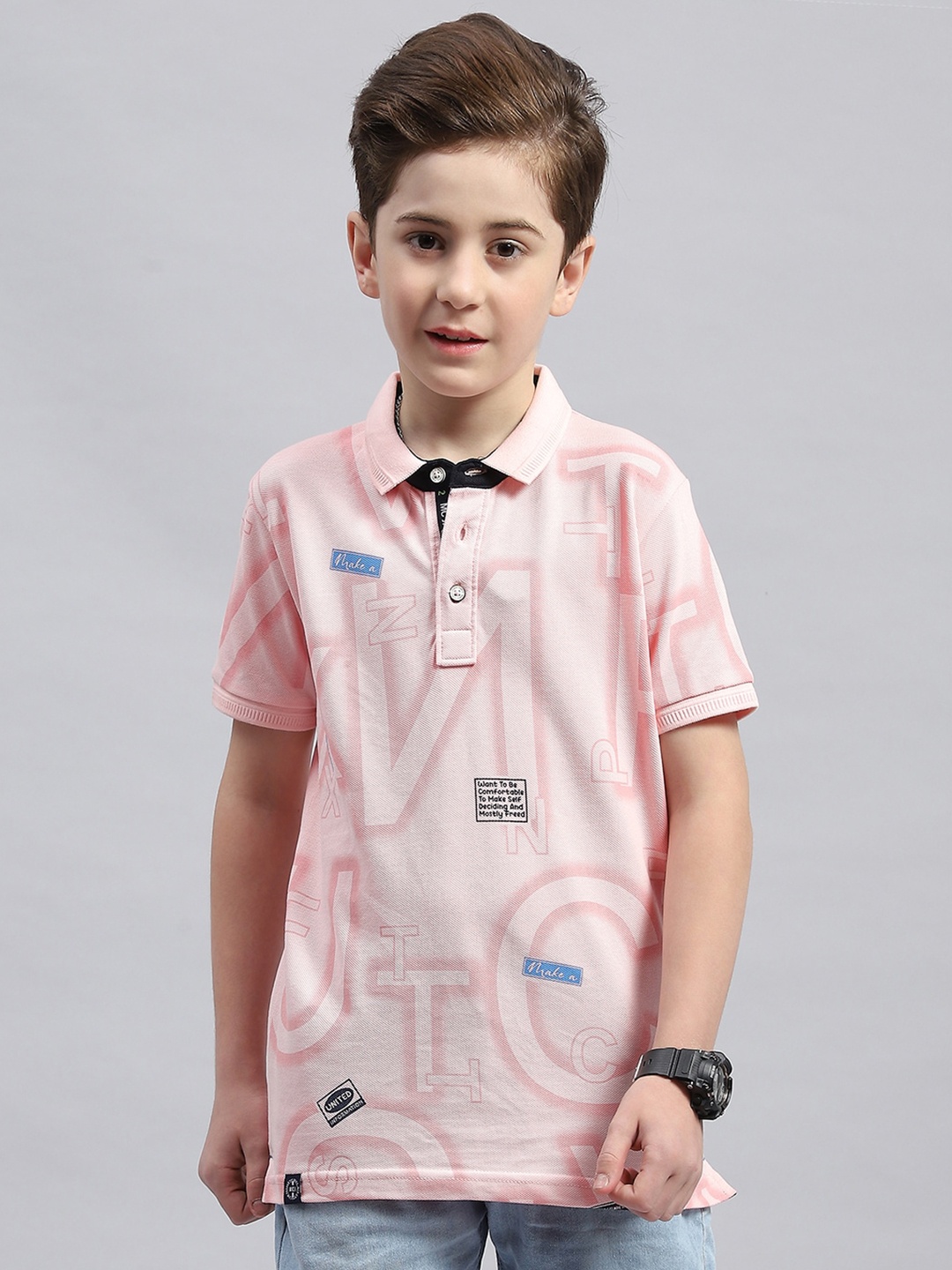 

Monte Carlo Boys Typography Printed Polo Collar Cotton T-shirt, Pink