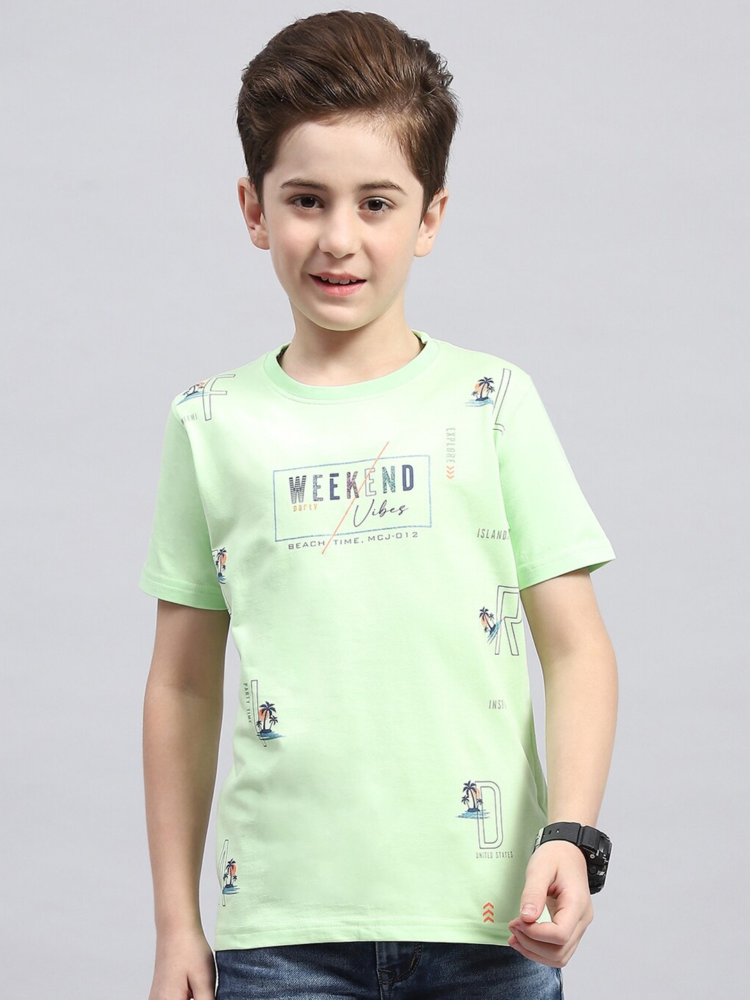 Monte Carlo Boys Typography Printed Round Neck Cotton T-shirt, Green