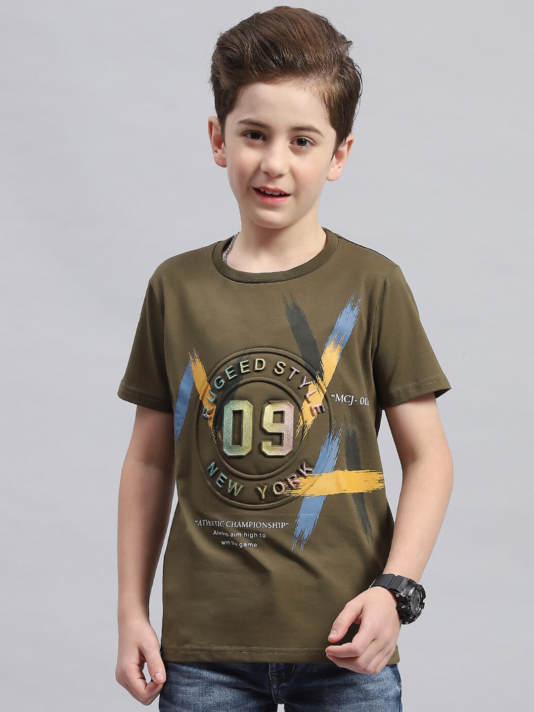 

Monte Carlo Boys Typography Printed Round Neck Cotton T-shirt, Green
