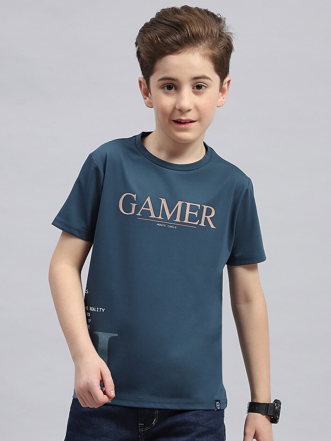 

Monte Carlo Boys Typography Printed Round Neck Cotton T-shirt, Turquoise blue