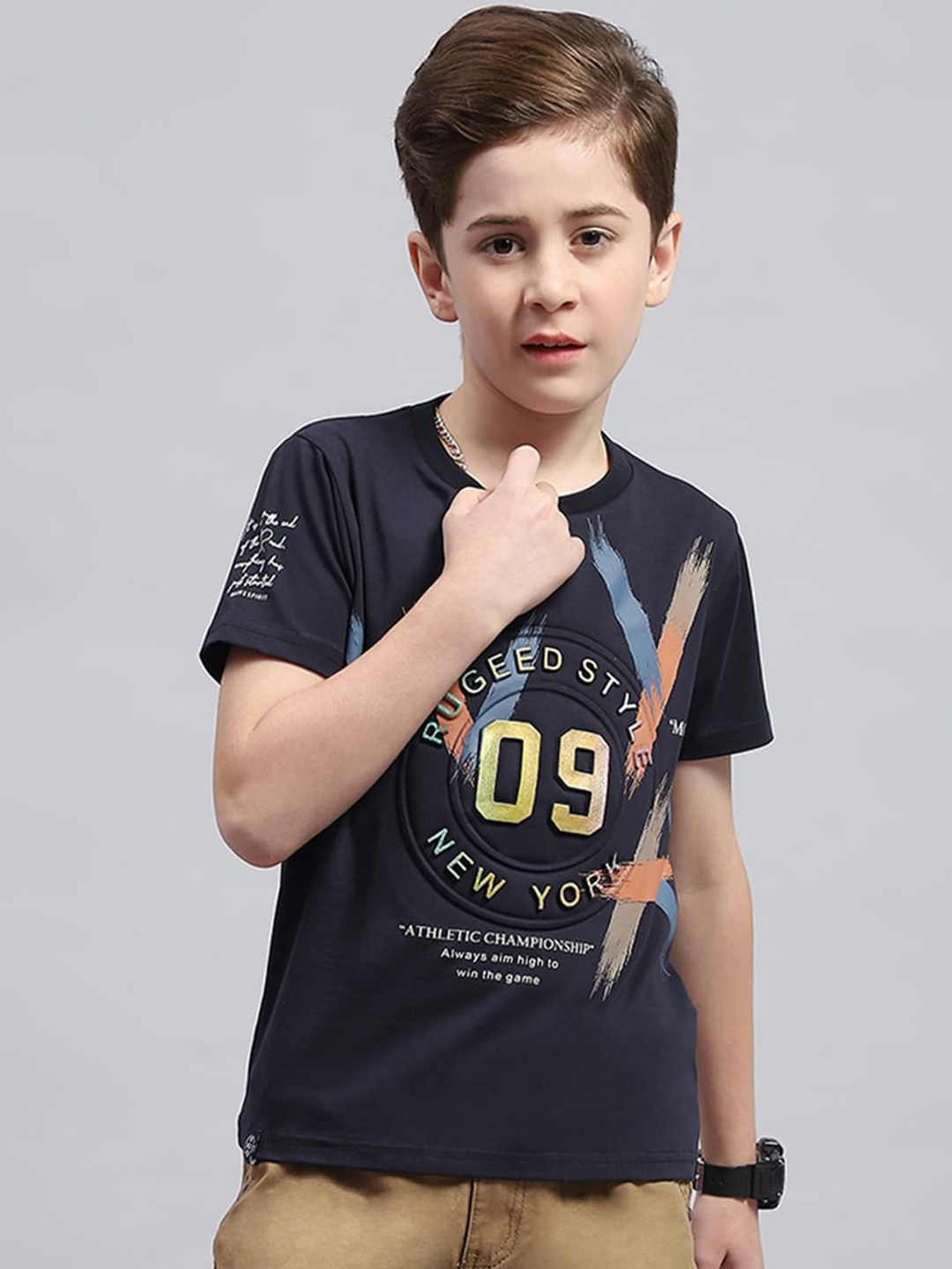 

Monte Carlo Boys Typography Printed Round Neck Cotton T-shirt, Navy blue
