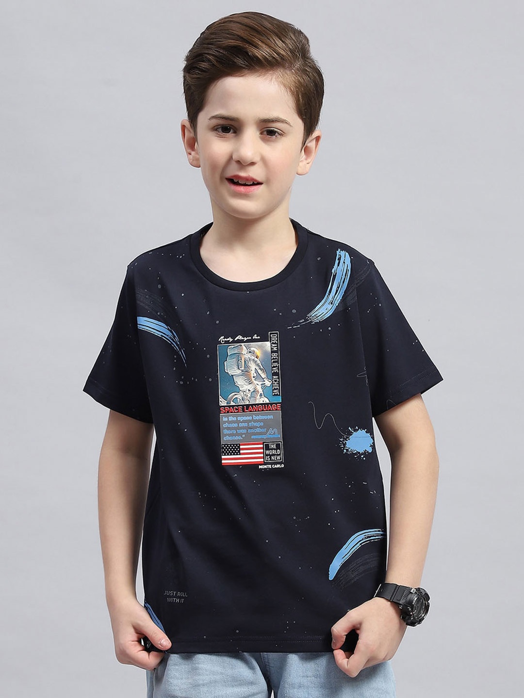

Monte Carlo Boys Graphic Printed Round Neck Cotton T-shirt, Navy blue