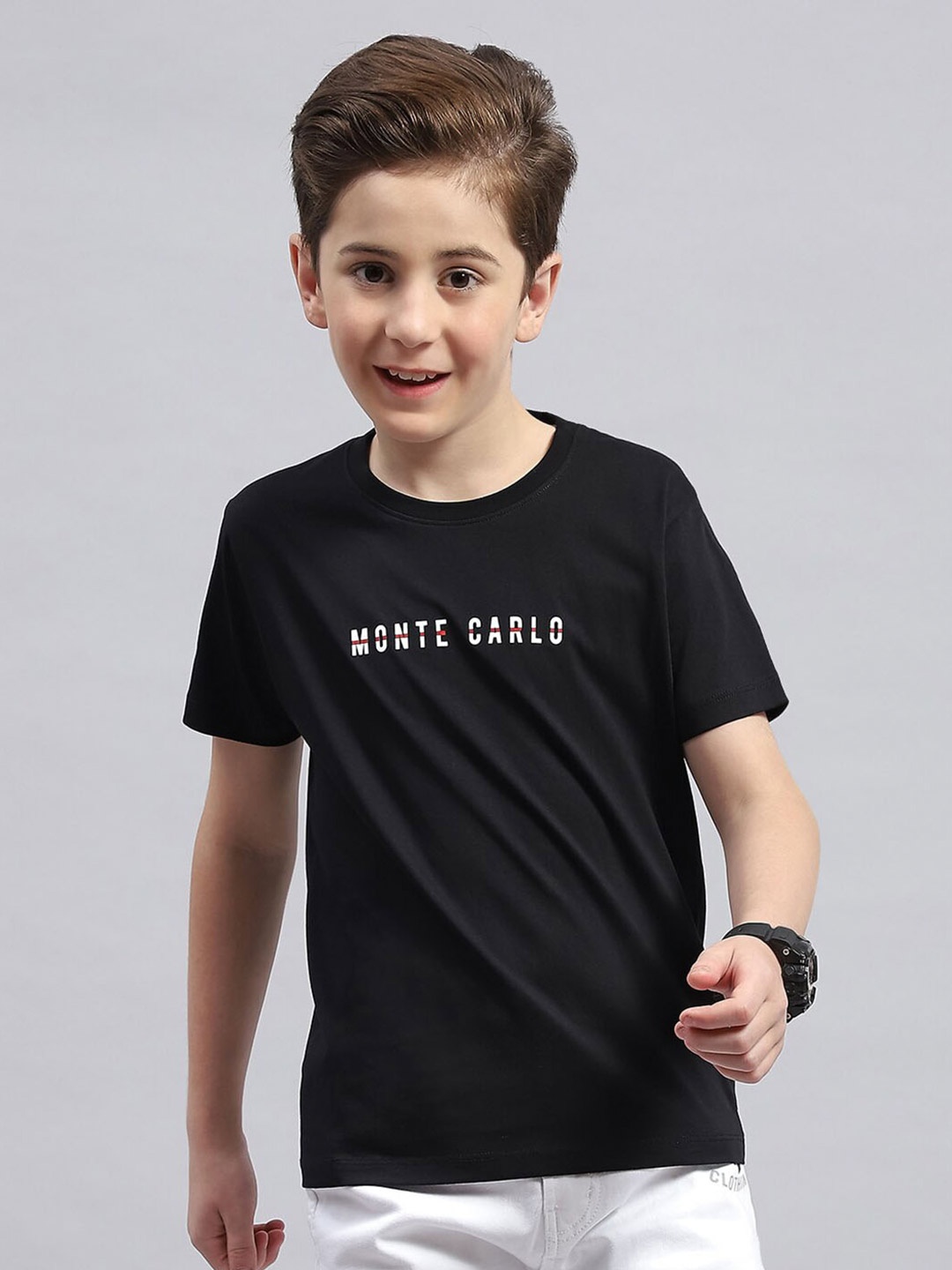 Monte Carlo Boys Typography Printed Round Neck Cotton T-shirt, Black