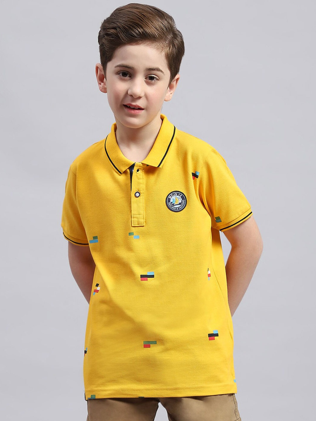 

Monte Carlo Boys Geometric Printed Polo Collar Cotton T-shirt, Yellow