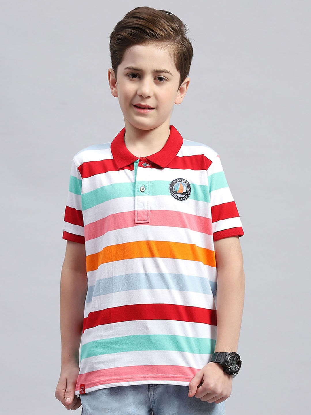 

Monte Carlo Boys Horizontal Striped Polo Collar Cotton T-shirt, Red