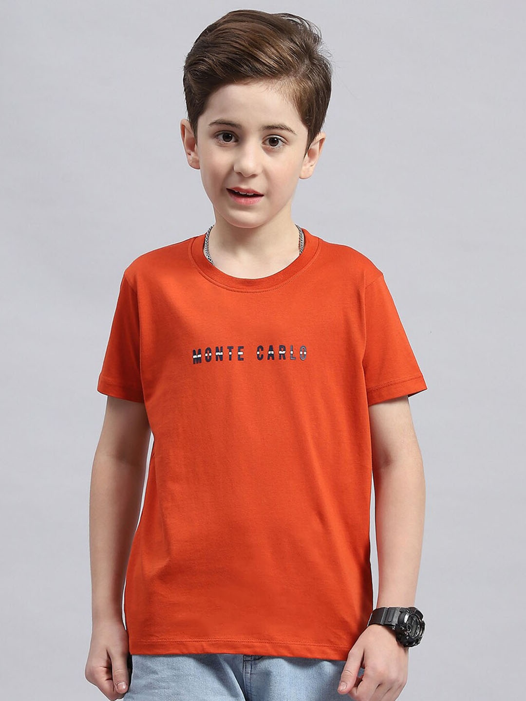 Monte Carlo Boys Typography Printed Round Neck Cotton T-shirt, Rust