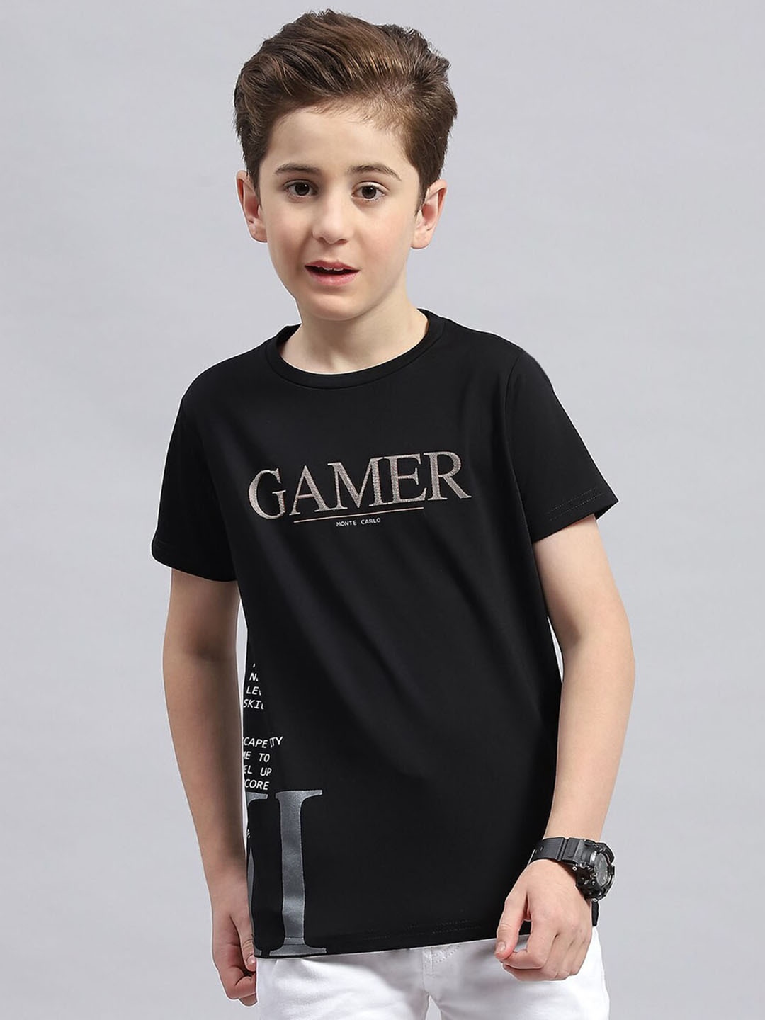 

Monte Carlo Boys Typography Printed Round Neck Cotton T-shirt, Black