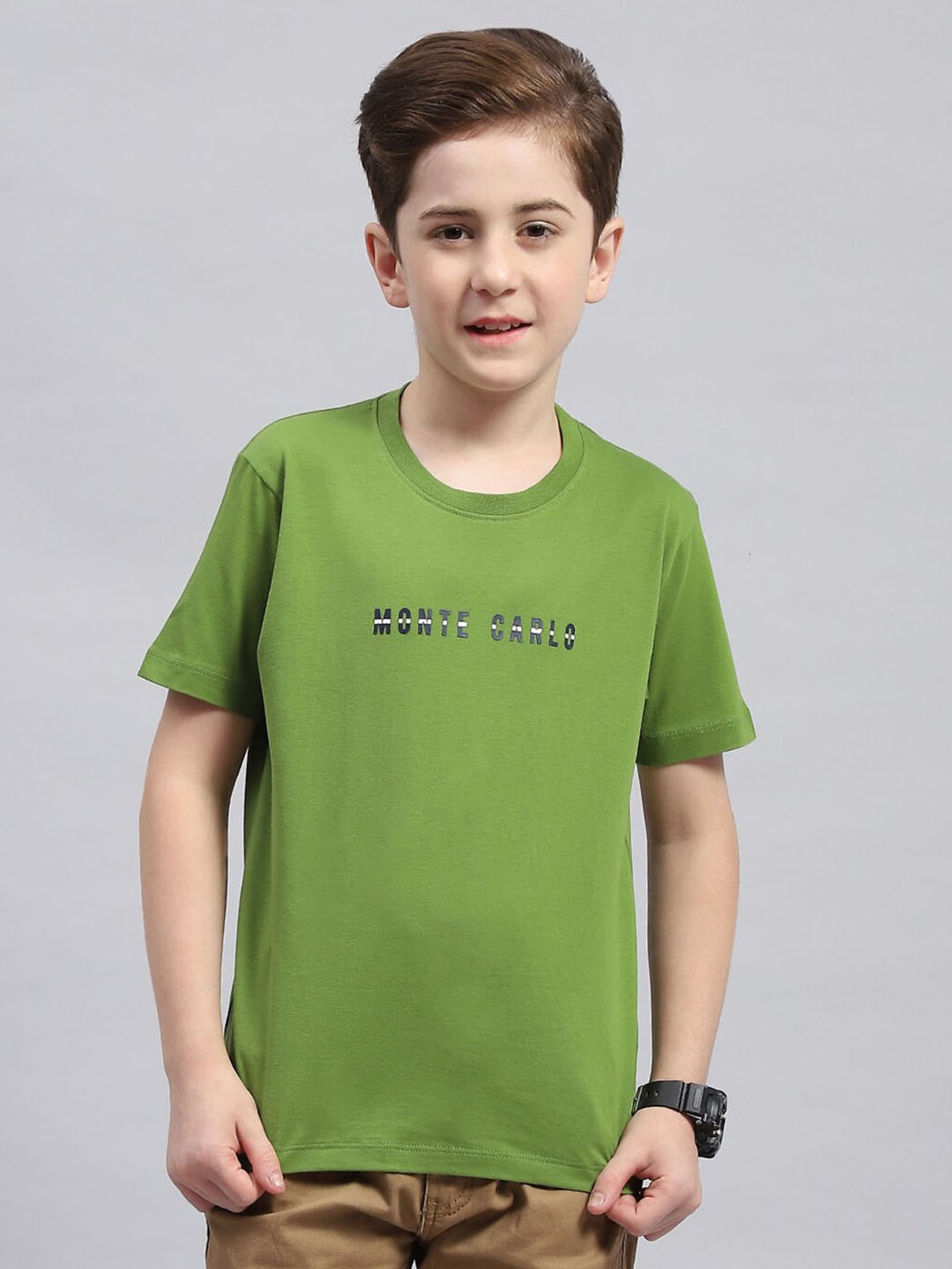 Monte Carlo Boys Typography Printed Round Neck Cotton T-shirt, Green