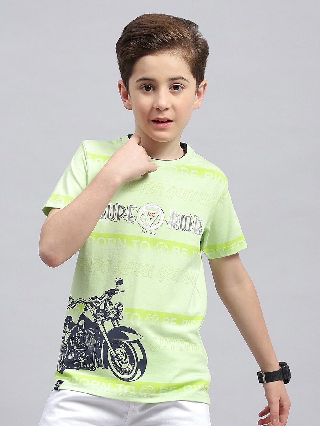

Monte Carlo Boys Typography Printed Round Neck Cotton T-shirt, Green