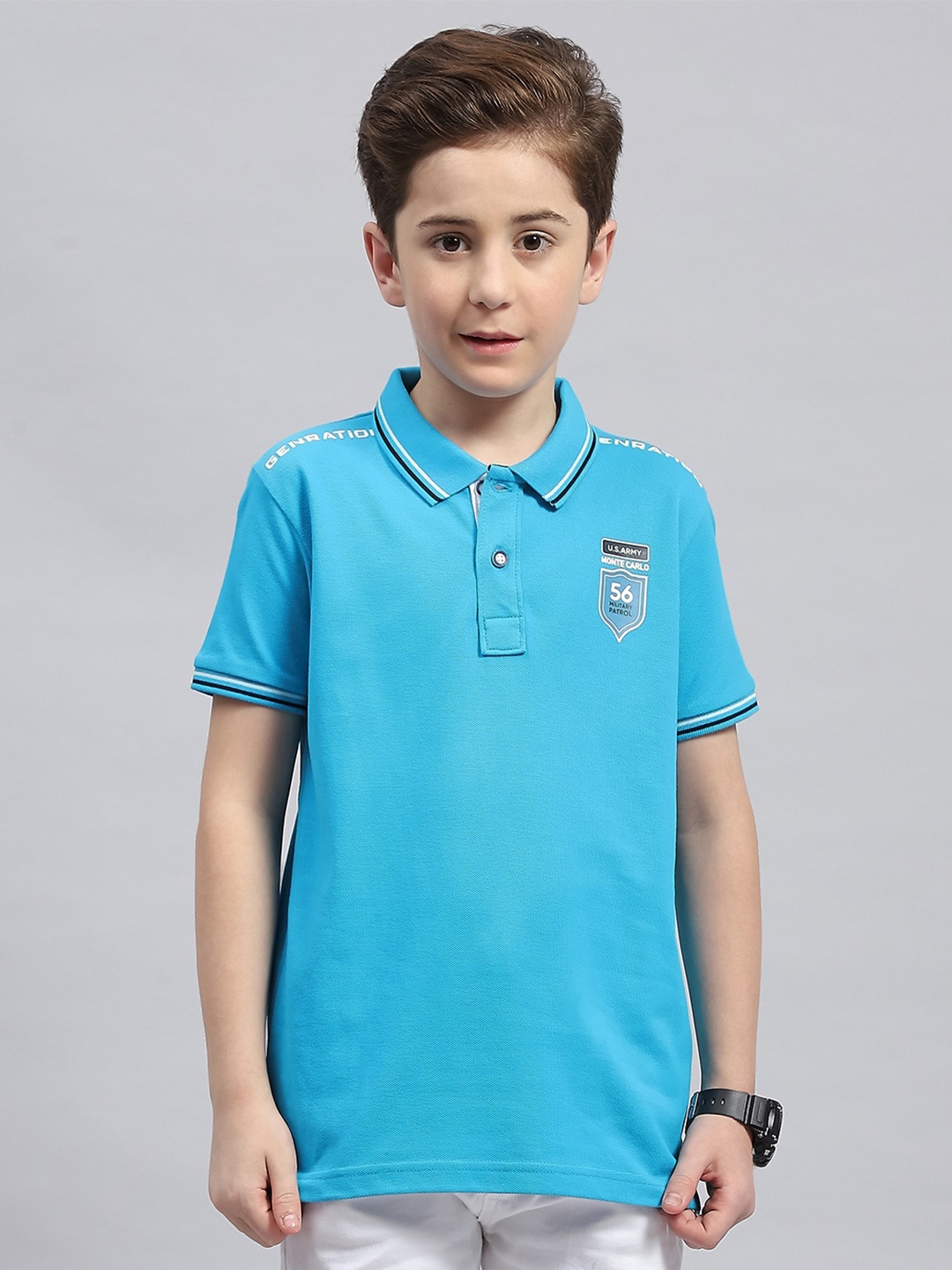 

Monte Carlo Boys Typography Printed Polo Collar Cotton T-shirt, Turquoise blue