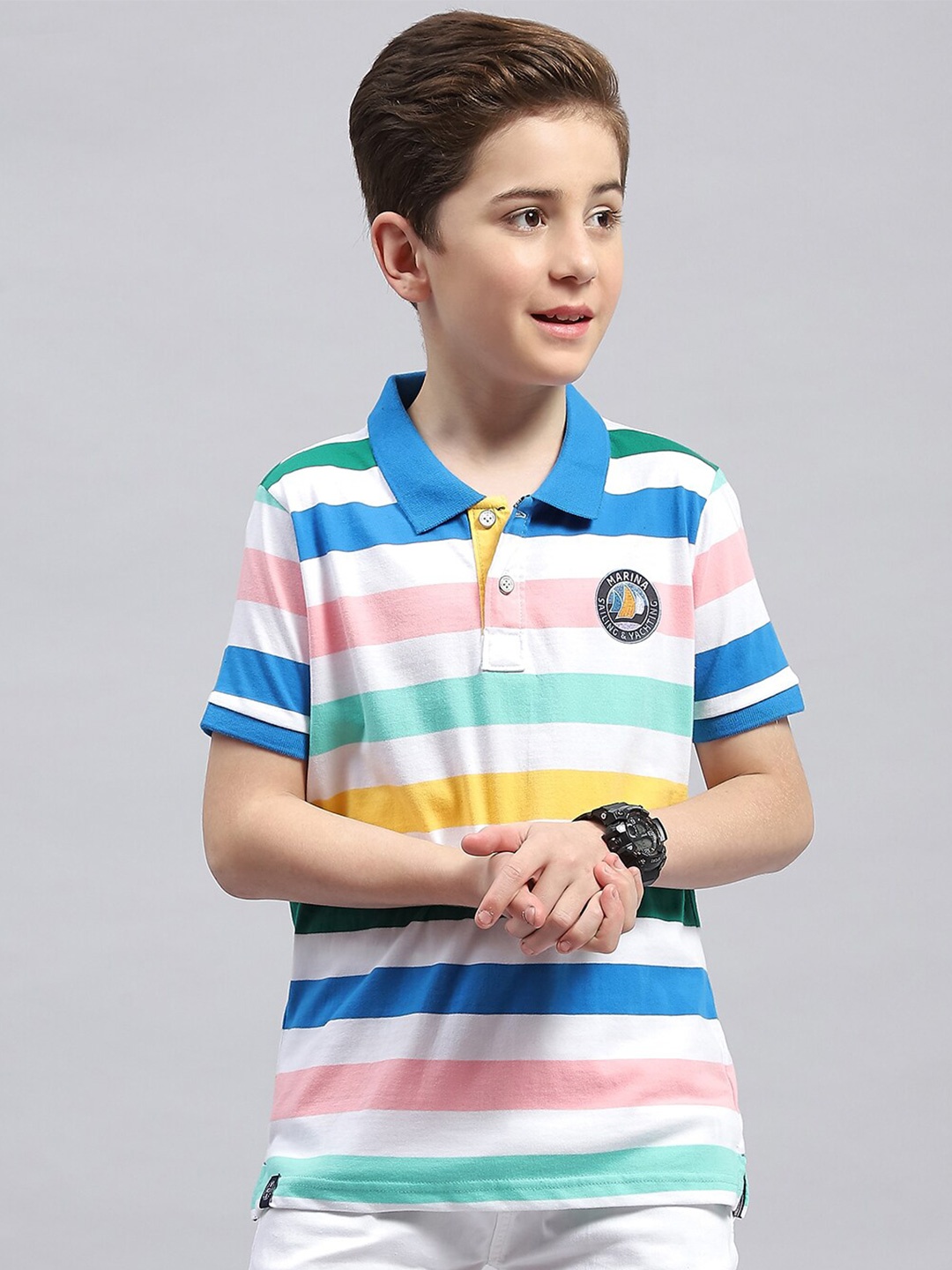 

Monte Carlo Boys Horizontal Striped Polo Collar Cotton T-shirt, White