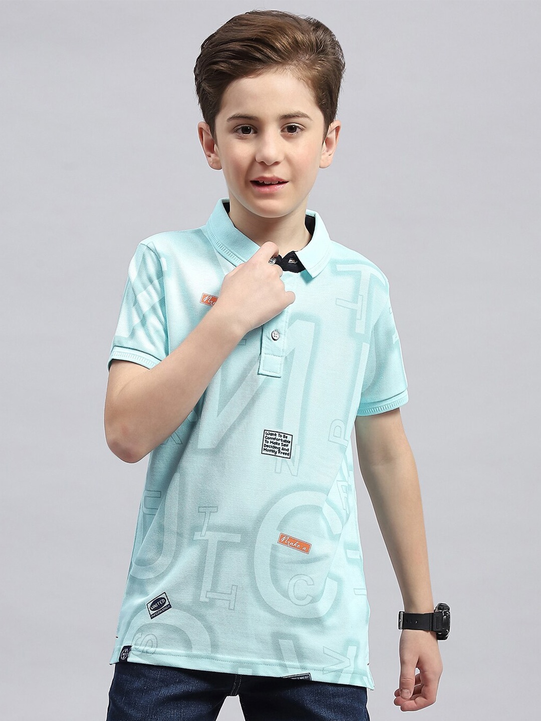 

Monte Carlo Boys Typography Printed Polo Collar Cotton T-shirt, Green