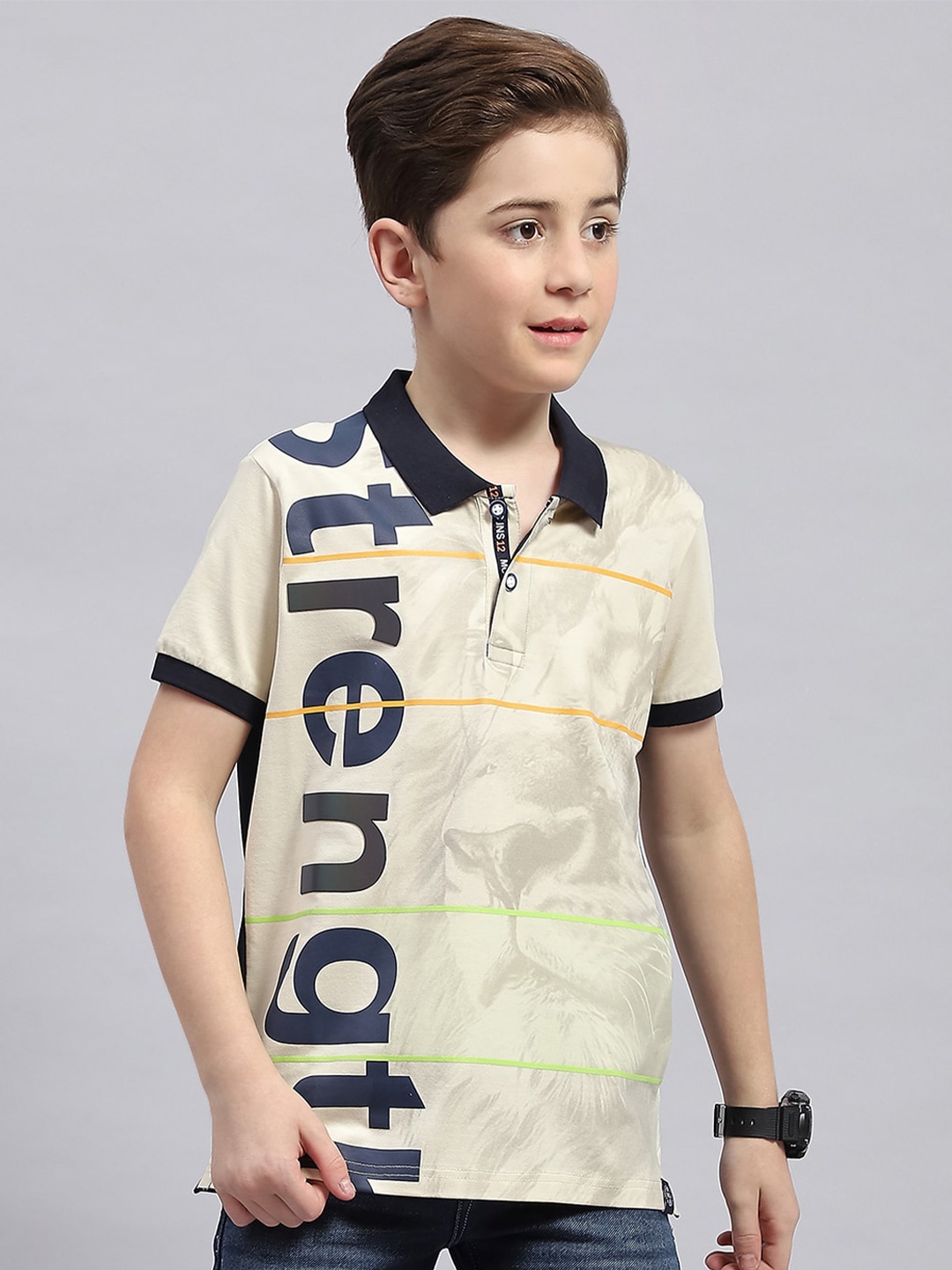 Monte Carlo Boys Typography Printed Polo Collar Cotton T-shirt, Cream