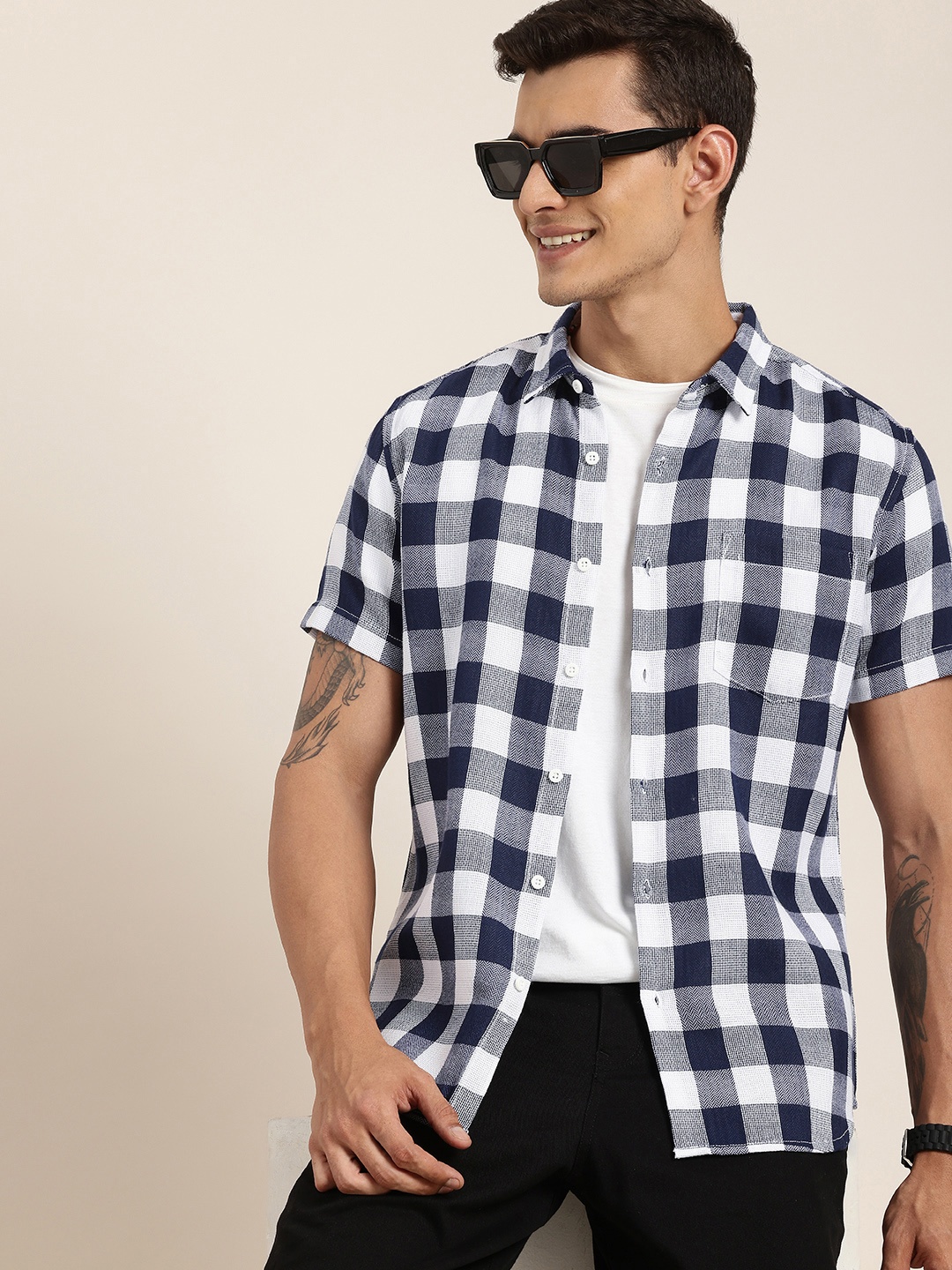 

HERE&NOW Men Slim Fit Checked Casual Shirt, Navy blue