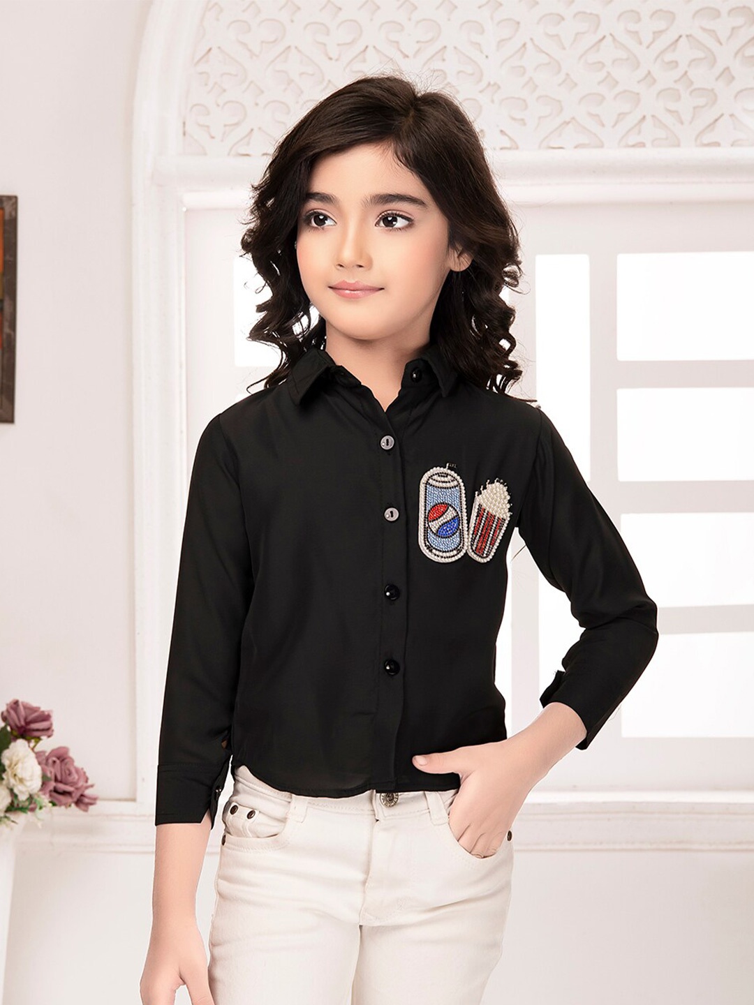 

Tiny Kingdom Girls Embroidered Shirt Style Top, Black