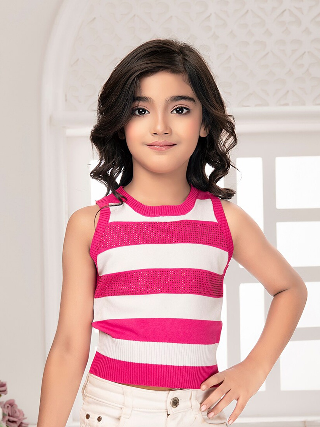 

Tiny Kingdom Girls Striped Sleeveless Round Neck Top, Pink