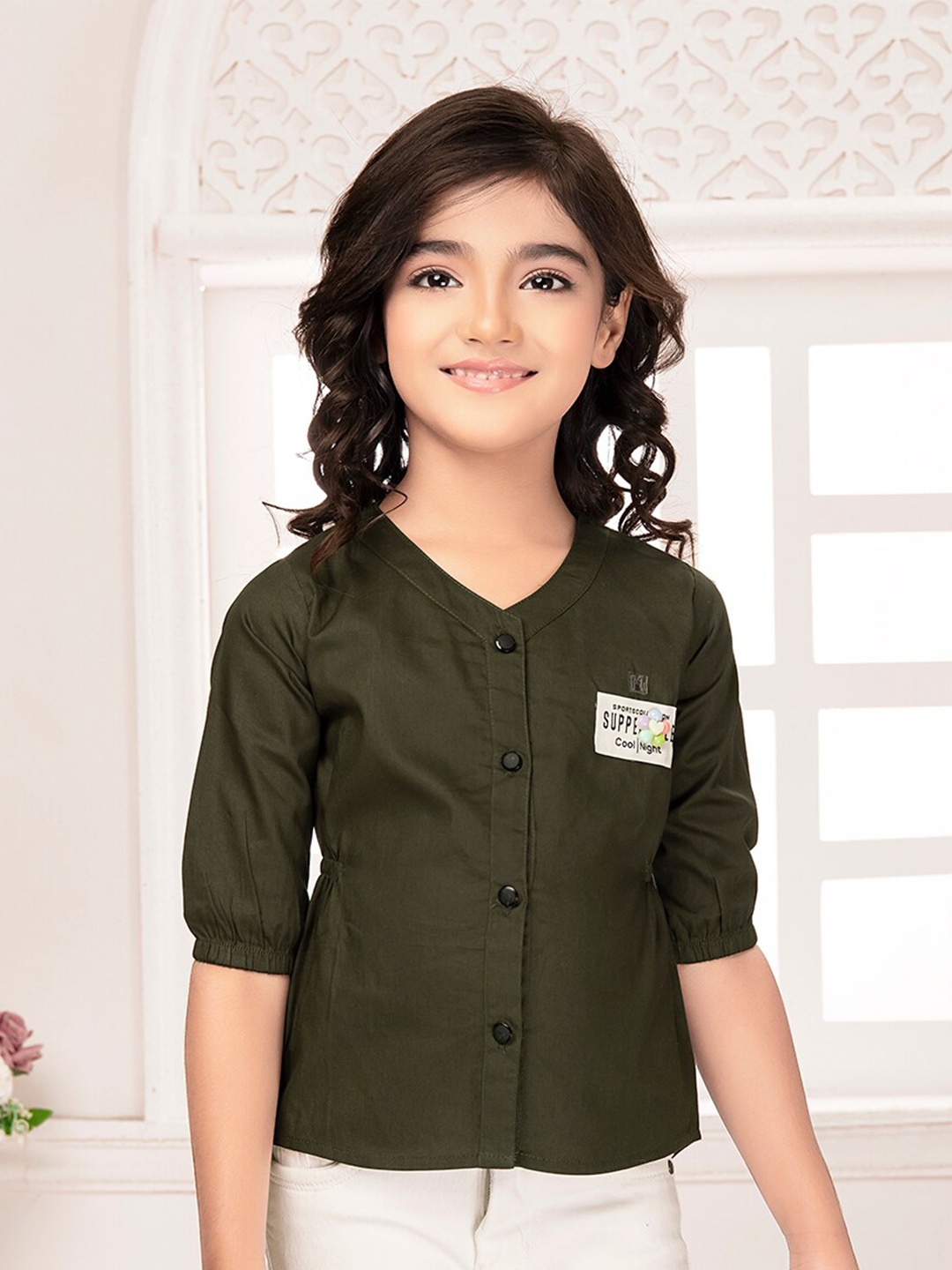 

Tiny Kingdom Girls V-Neck Cuffed Sleeves Cotton Shirt Style Top, Olive
