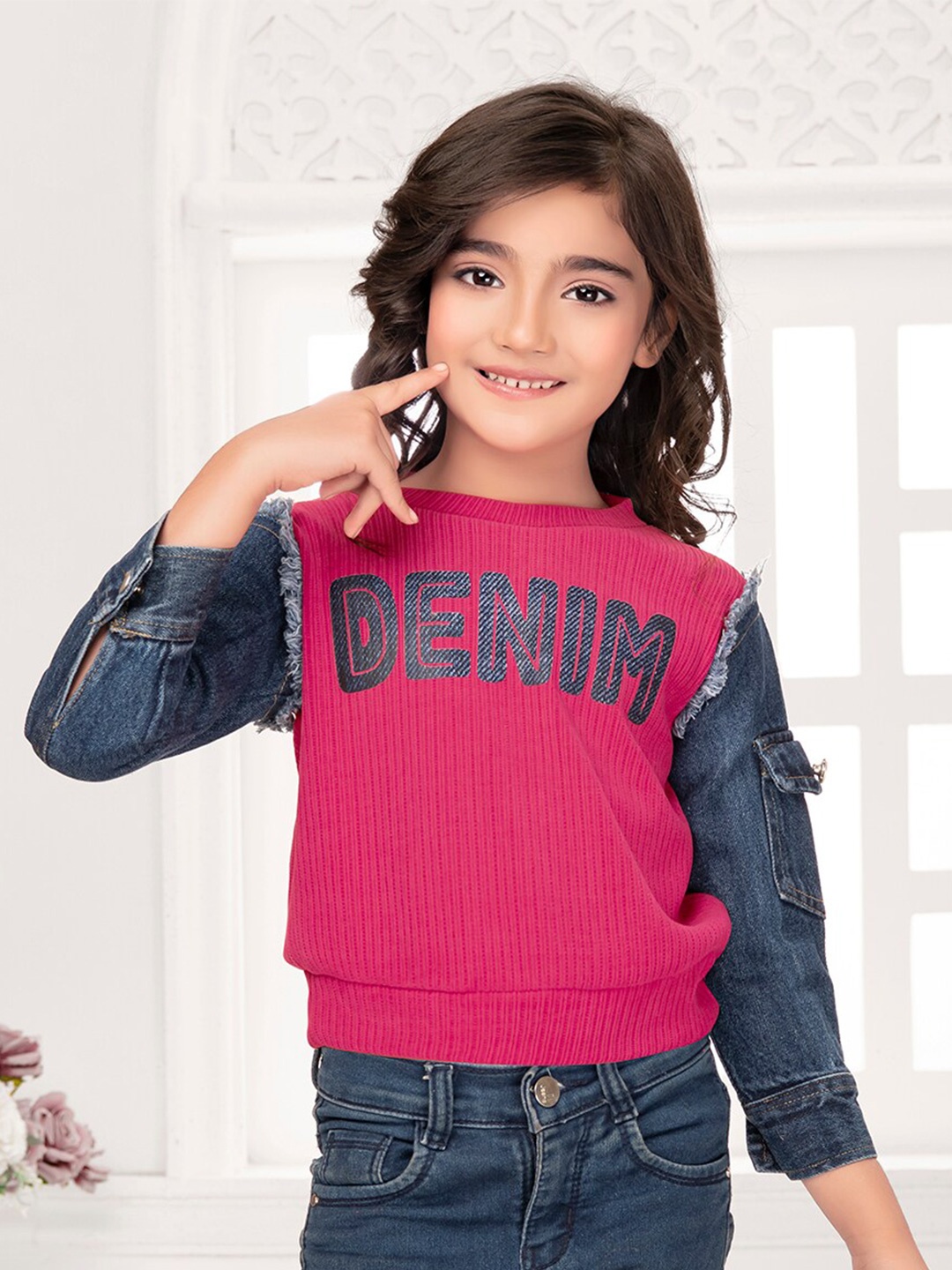 

Tiny Kingdom Typography Printed Denim Top, Pink