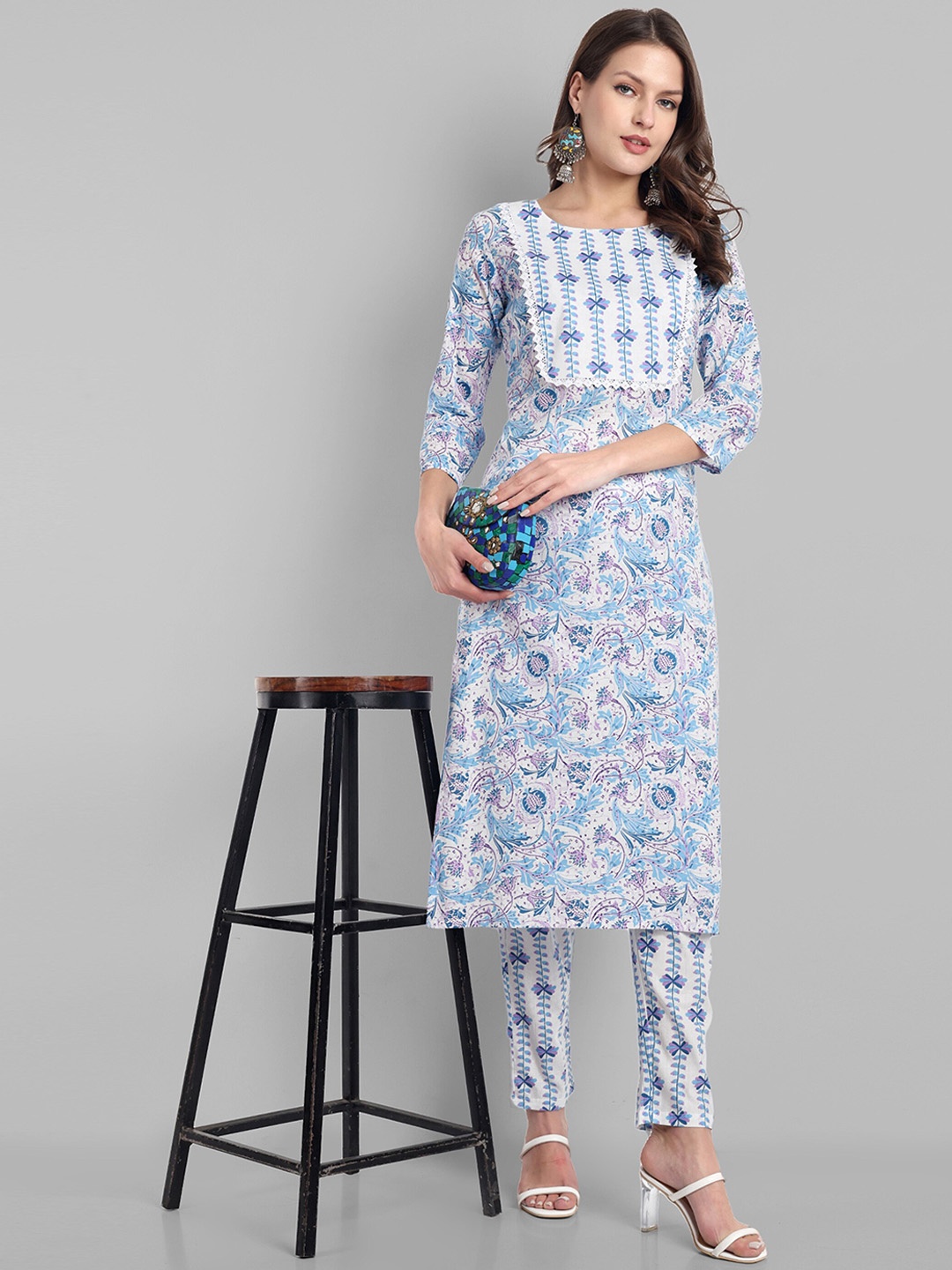 

LYCHNIS Floral Printed Regular Pure Cotton Kurta with Trousers, Blue