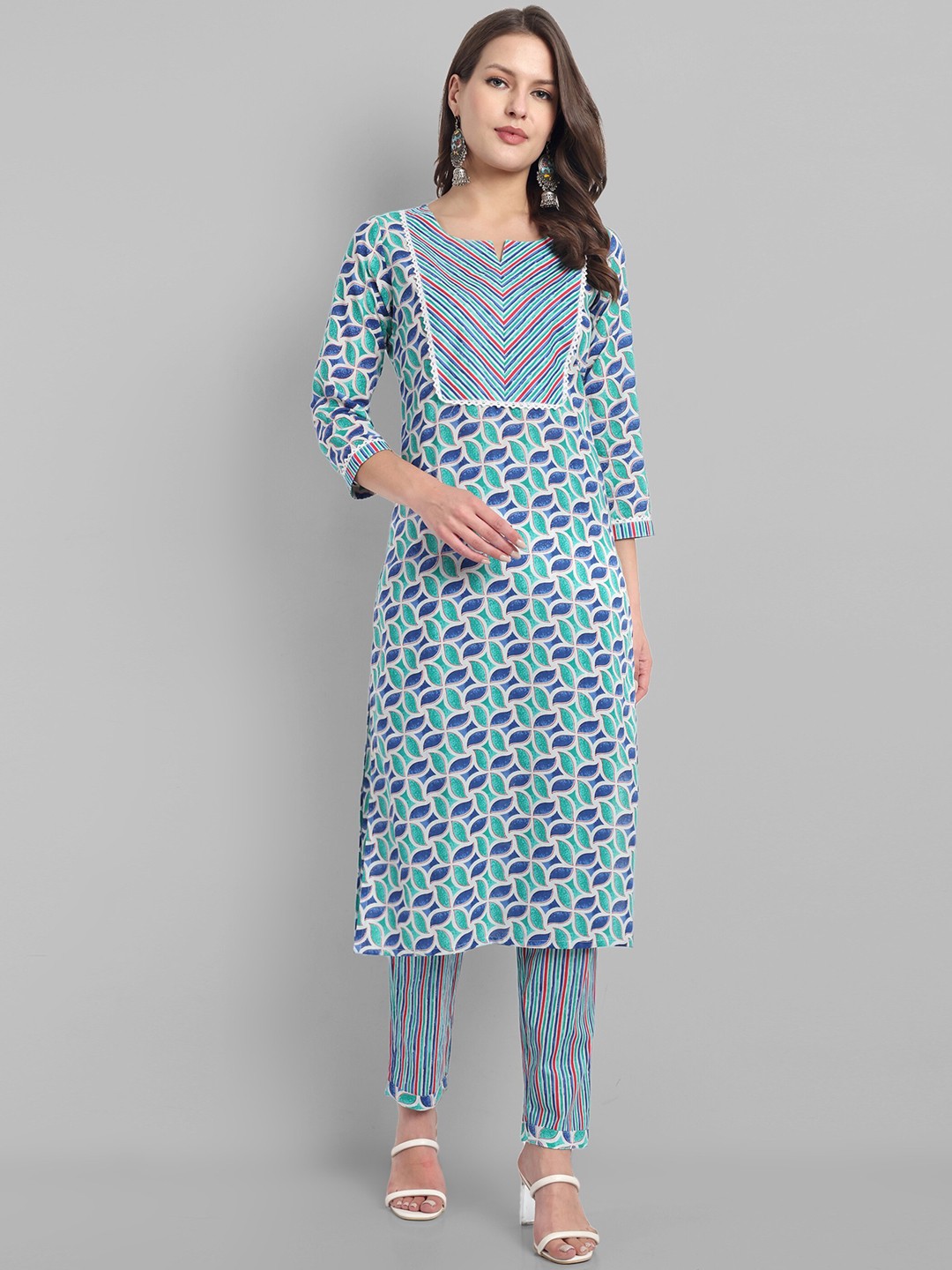 

LYCHNIS Ethnic Motifs Printed Regular Pure Cotton Kurta with Trousers, Blue