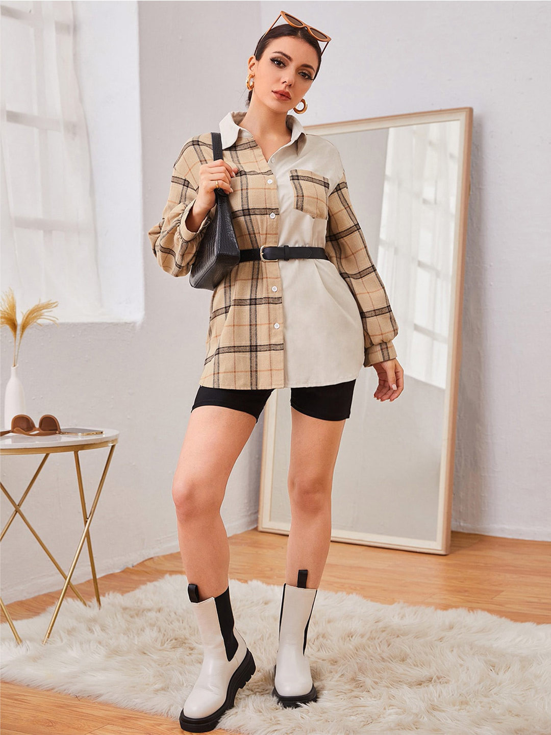 

StyleCast Beige Tartan Checked Spread Collar Long Sleeves Casual Shirt
