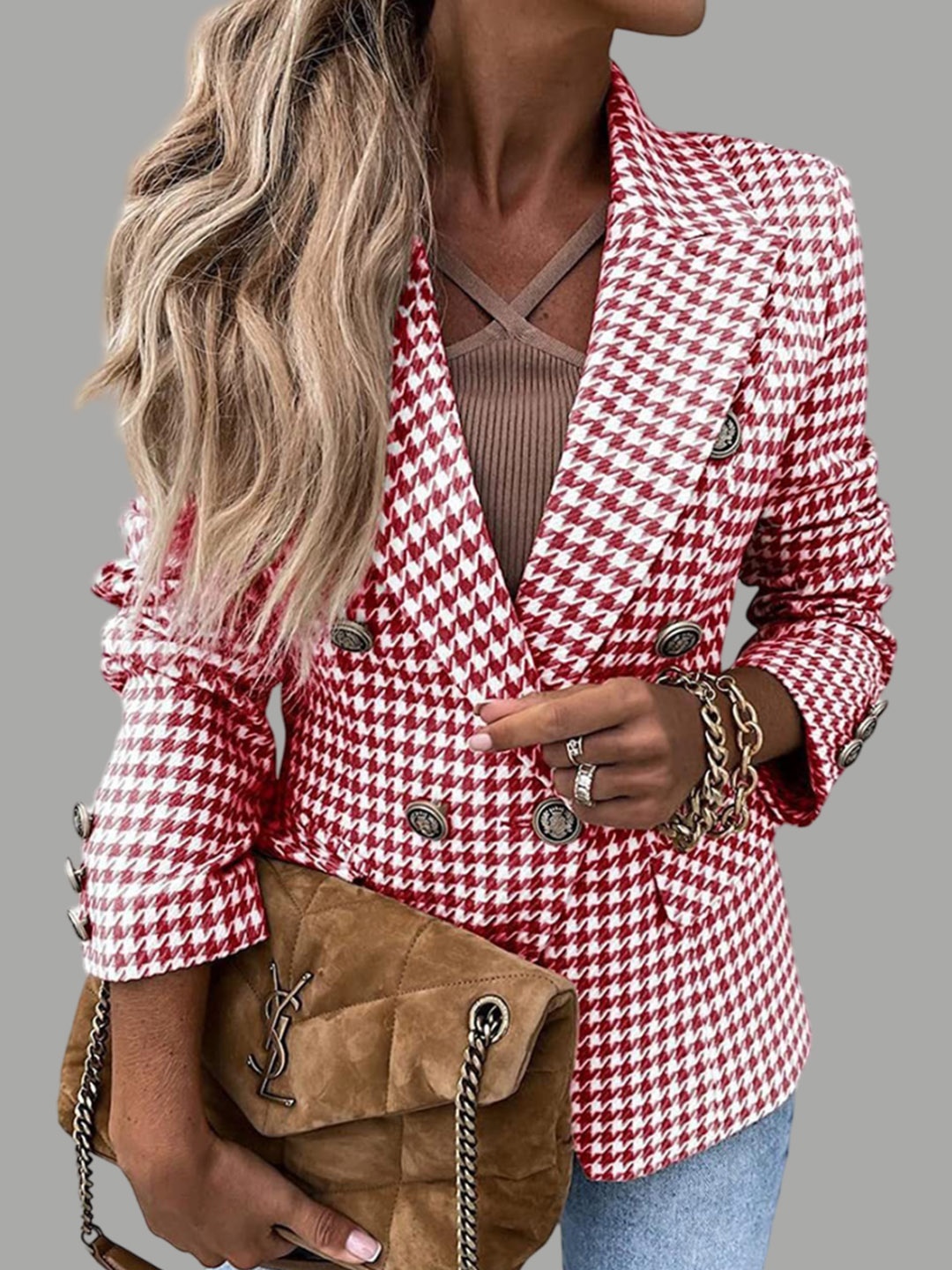

StyleCast Pink Checked Notched Lapel Collar Double-Breasted Blazer