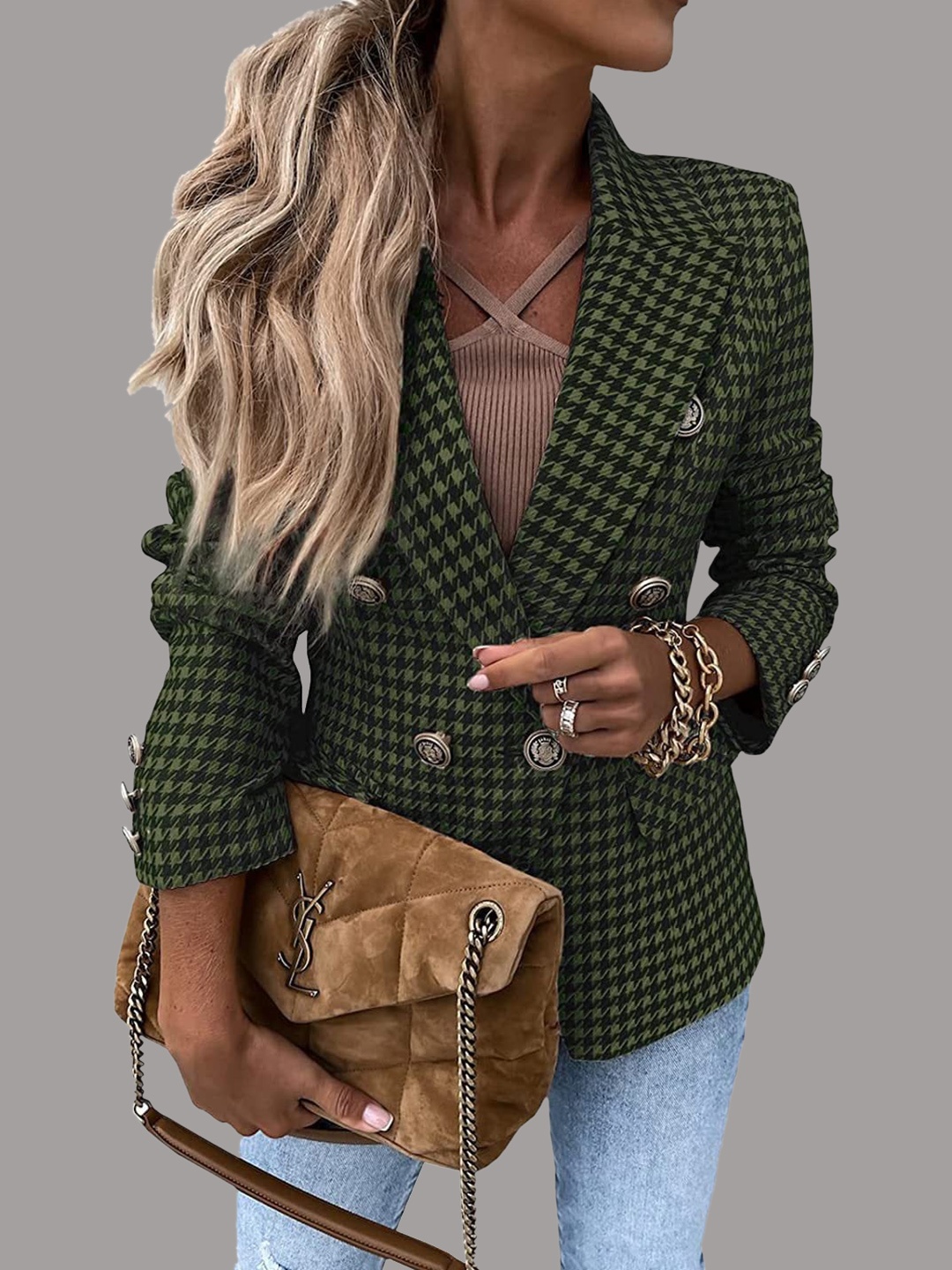 

StyleCast Green Double-Breasted Checked Blazer