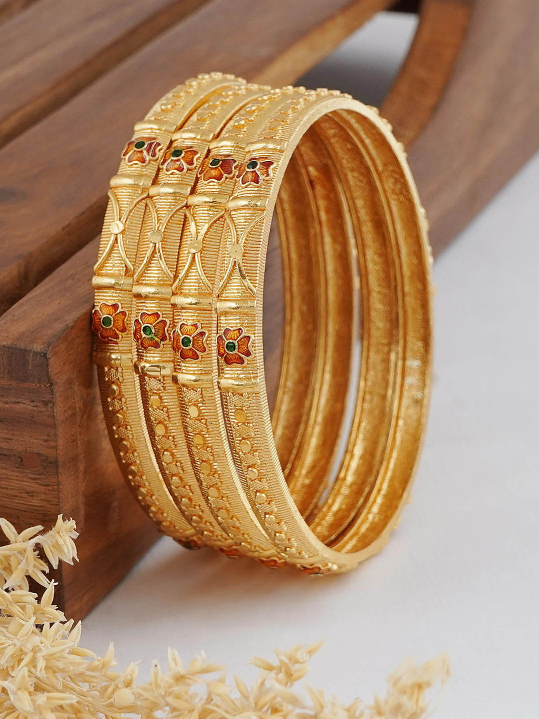 

MANSIYAORANGE Set of 4 Gold-Plated Stone Studded Meenakari Bangles